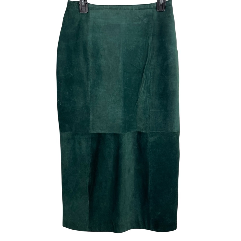 Savannah Vintage | Green Suede Patchwork Midi Pencil Skirt